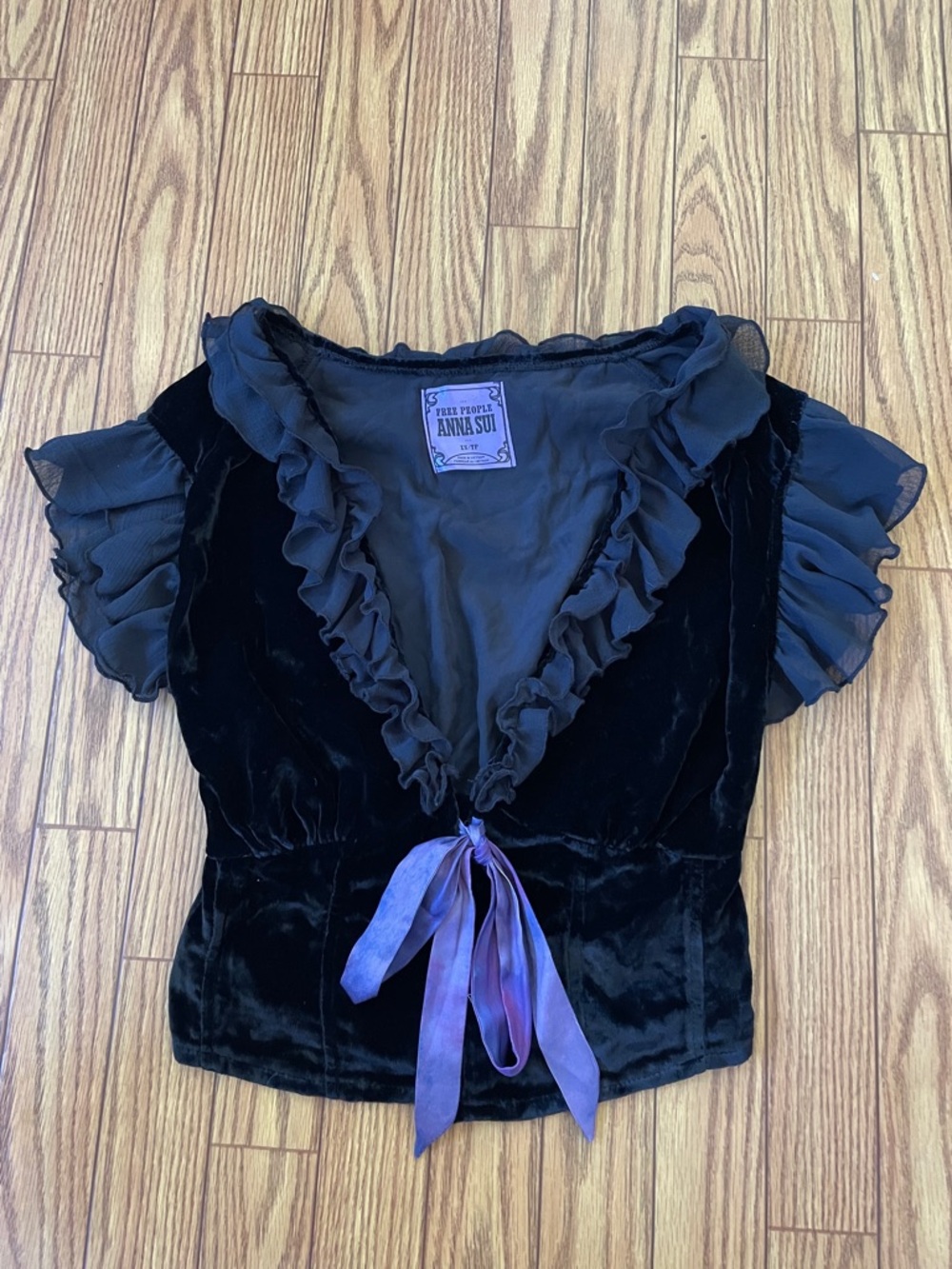 Anna Sui x Free People black velvet ruffle top size XS